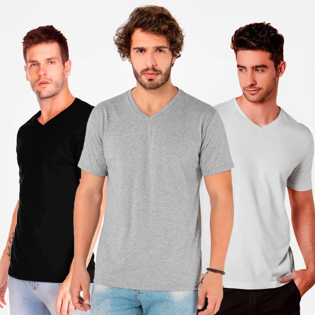 Kit 3 Camiseta Masculina Básica Algodão Gola V