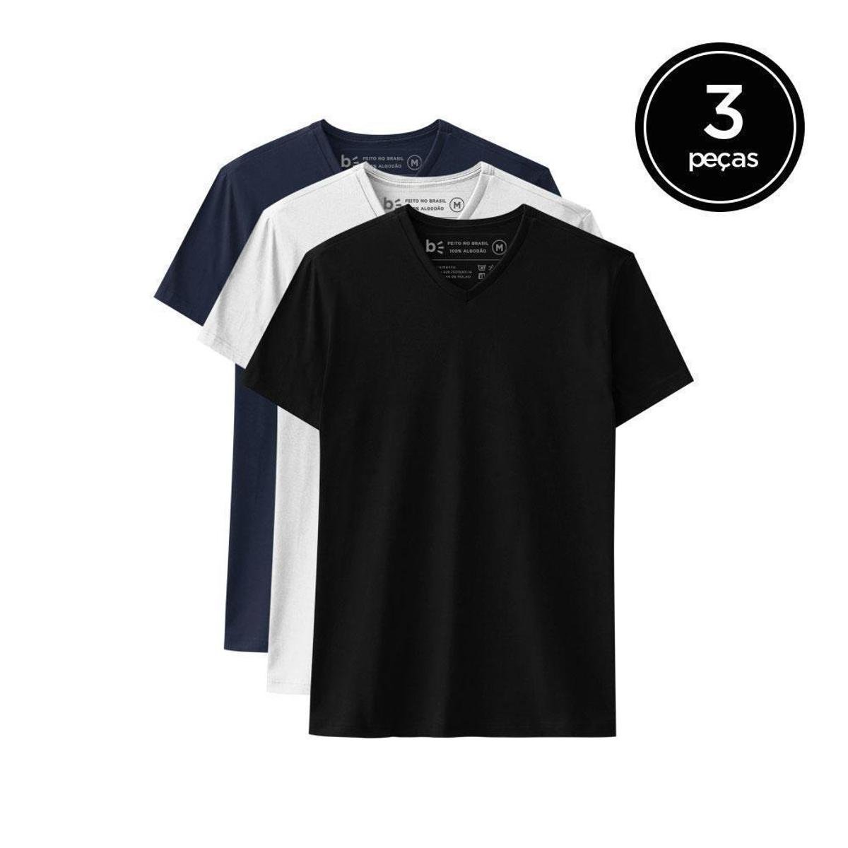 Kit 3 Camisetas Basicamente Básicas Gola V de Várias Cores Masculina - Preto+Marinho Menor preço em Kit 3 Camisetas Basicamente Básicas Gola V de Várias Cores Masculina - Preto+Marinho