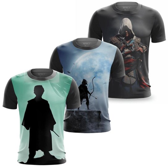 Kit 3 Camisetas de Series Gamer Geek Camisa Estampa 3D Arqueiro Assassins Creed Harry Potter