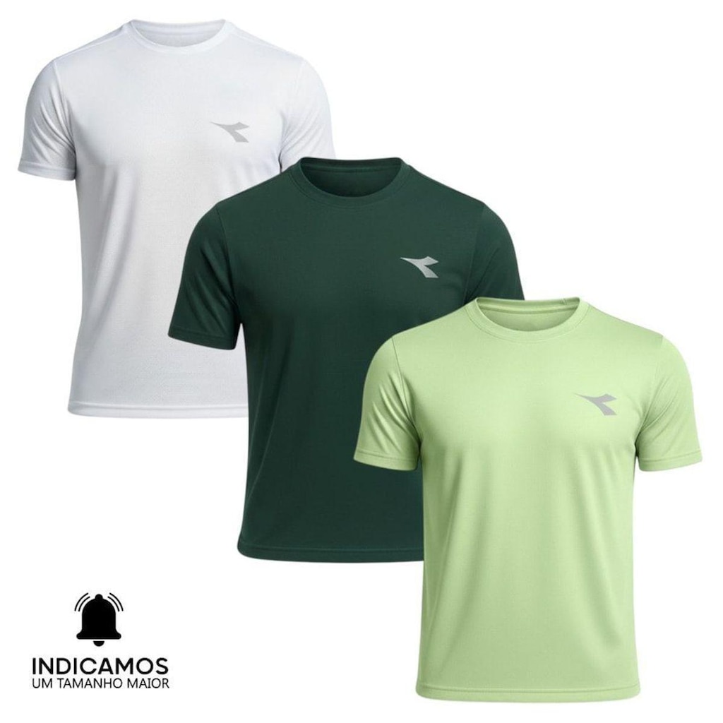 Kit 3 Camisetas Diadora Small Logo Masculina - Verde Claro e Branco M