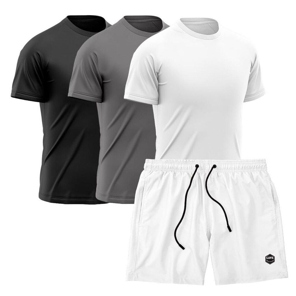 Kit 3 Camisetas Dry Treino Fitness Academia + Short Bermuda Branco