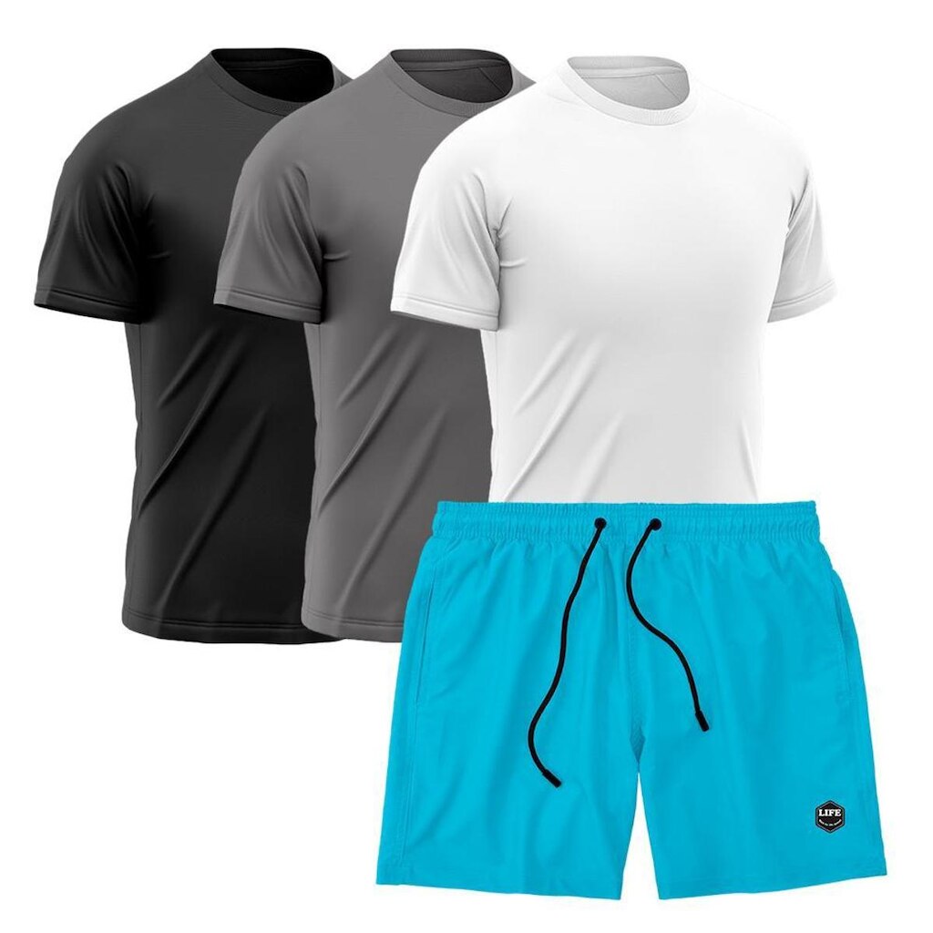 Kit 3 Camisetas Dry Treino Fitness Academia + Short Bermuda Cinza