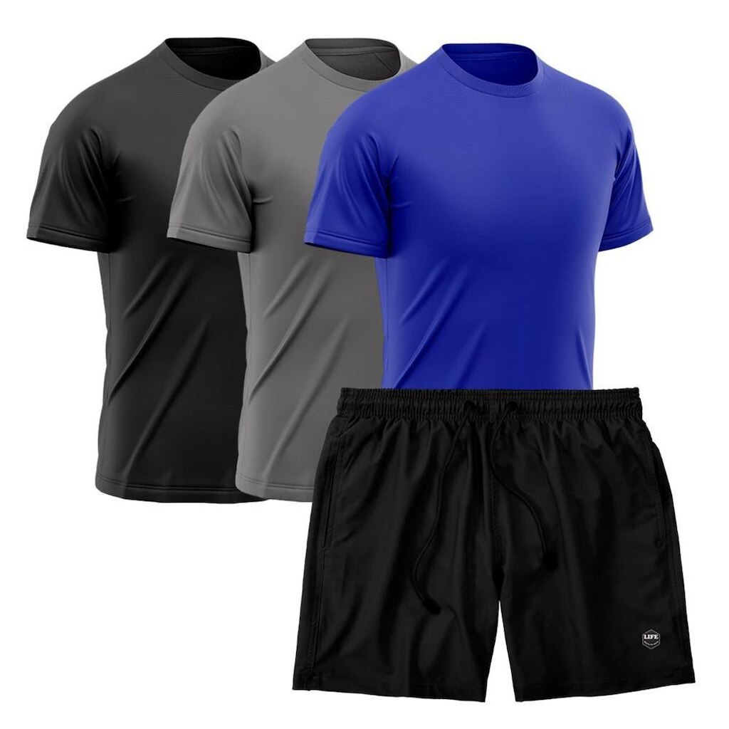 Kit 3 Camisetas Dry Treino Fitness Academia + Short Bermuda Preto