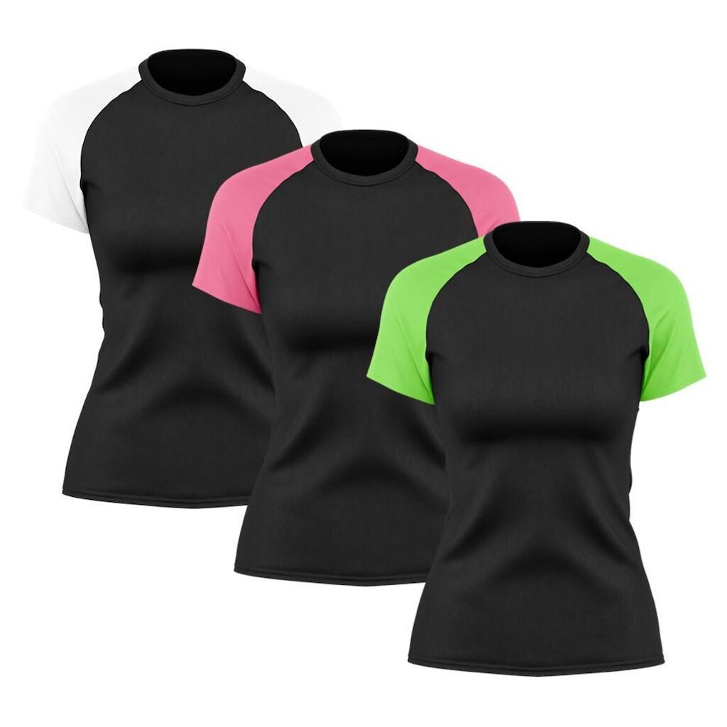 Kit 3 Camisetas Feminina Raglan Duas Cores Dry Proteção Solar UV Academia Treino Fitness Ciclismo