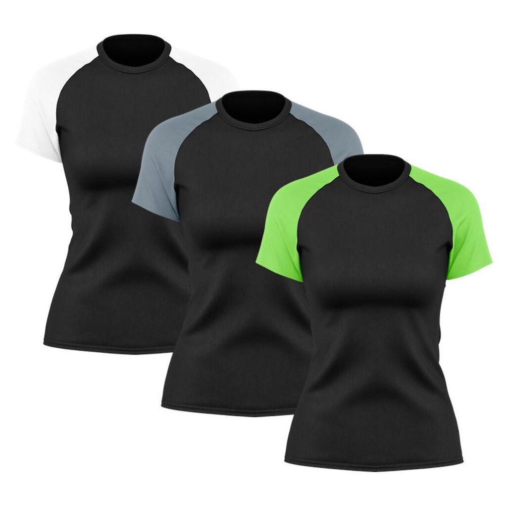 Kit 3 Camisetas Feminina Raglan Duas Cores Dry Proteção Solar UV Academia Treino Fitness Ciclismo