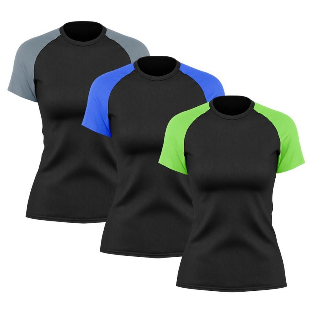 Kit 3 Camisetas Feminina Raglan Duas Cores Dry Proteção Solar UV Academia Treino Fitness Ciclismo