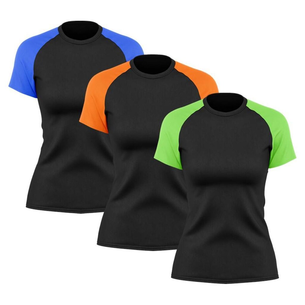 Kit 3 Camisetas Feminina Raglan Duas Cores Dry Proteção Solar UV Academia Treino Fitness Ciclismo