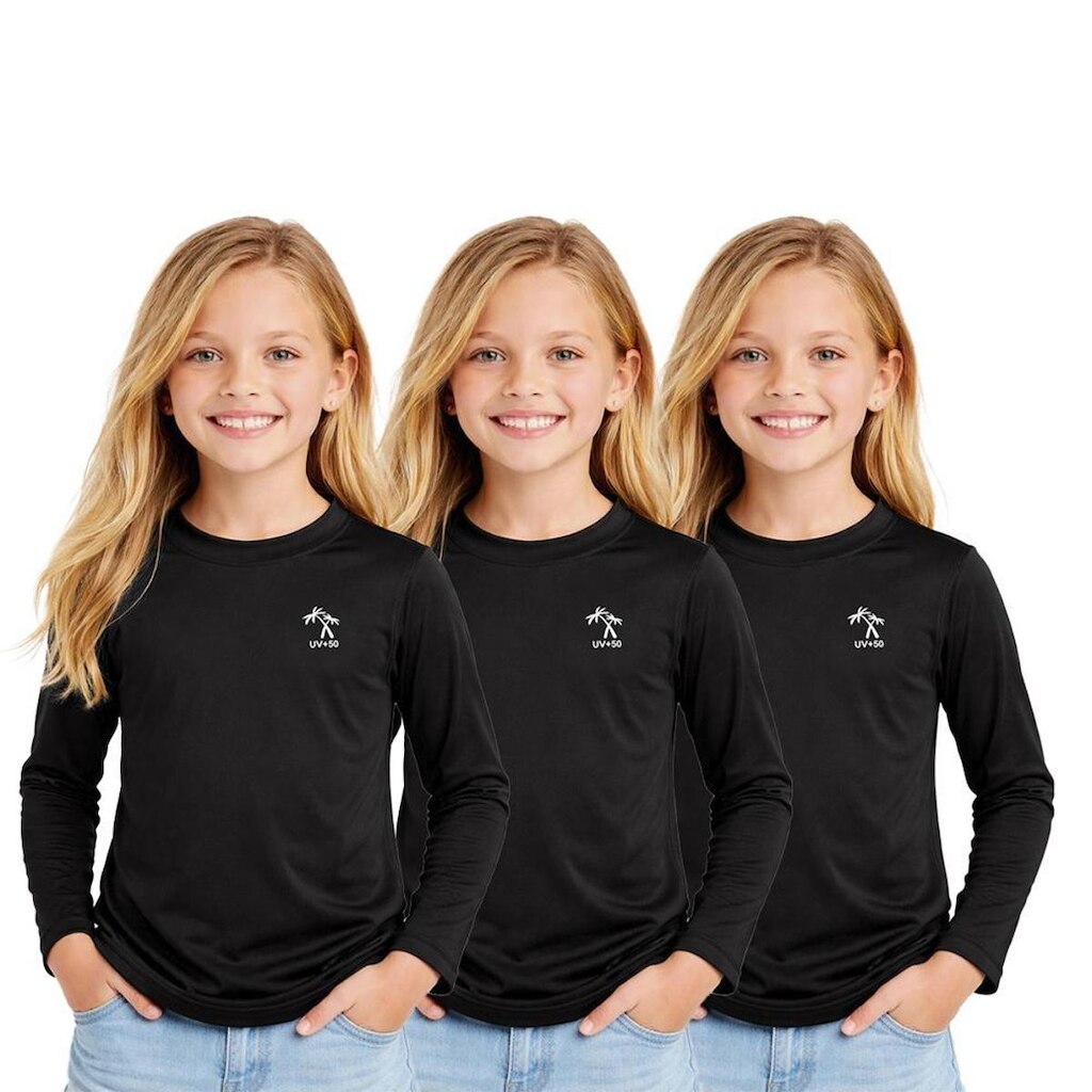 Kit 3 Camisetas Infantil Menina Manga Longa Proteção Solar UV 50+ Poliamida Praia Piscina Blusa