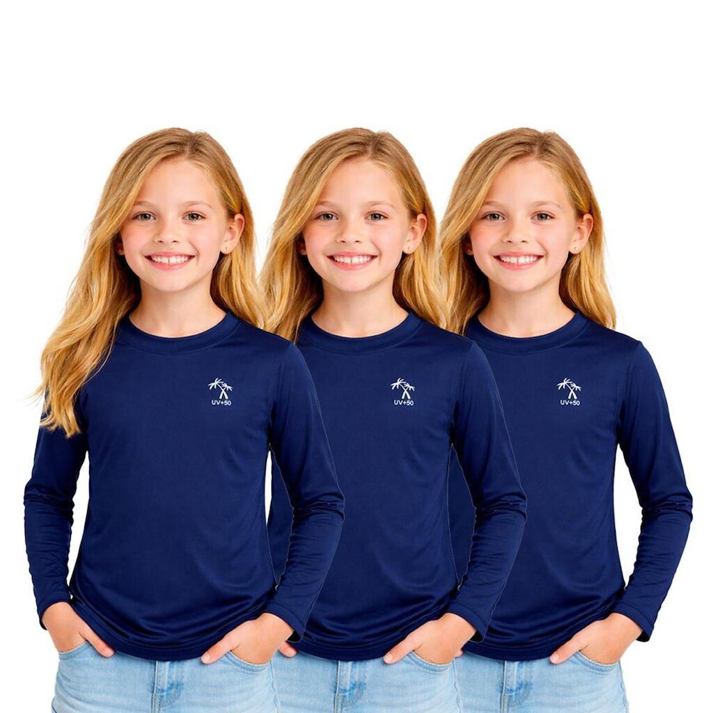 Kit 3 Camisetas Infantil Menina Manga Longa Proteção Solar UV 50+ Poliamida Praia Piscina Blusa