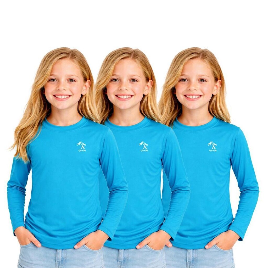 Kit 3 Camisetas Infantil Menina Manga Longa Proteção Solar UV 50+ Poliamida Praia Piscina Blusa