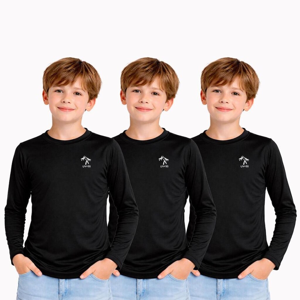 Kit 3 Camisetas Infantil Menino Manga Longa Proteção Solar UV 50+ Poliamida Praia Piscina Blusa