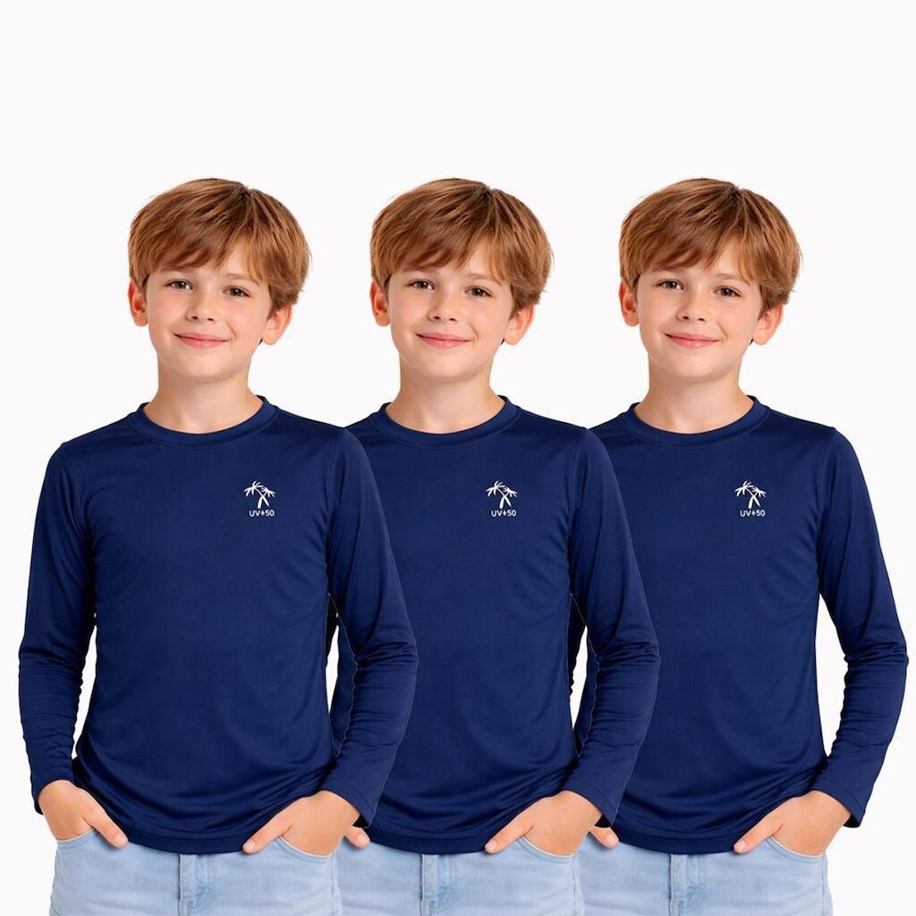Kit 3 Camisetas Infantil Menino Manga Longa Proteção Solar UV 50+ Poliamida Praia Piscina Blusa