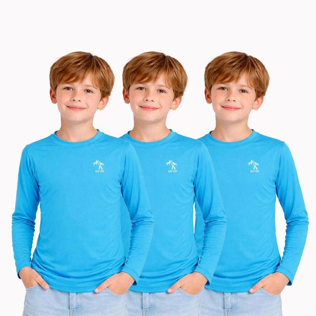 Kit 3 Camisetas Infantil Menino Manga Longa Proteção Solar UV 50+ Poliamida Praia Piscina Blusa