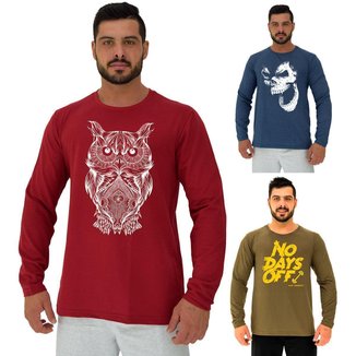 Kit 3 Camisetas Manga Longa Masculina MXD Conceito Básico Peça Estampada Cores Diversas Academia