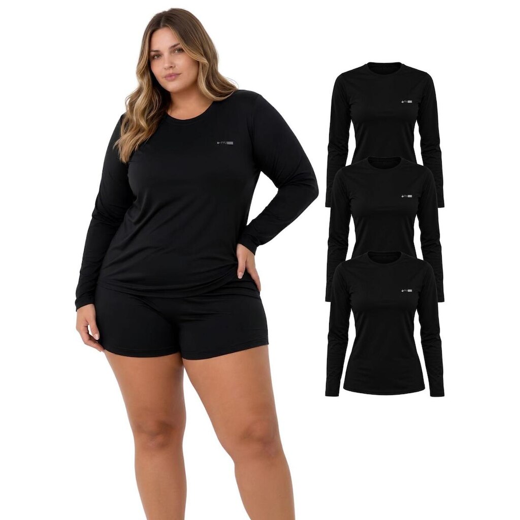 Kit 3 Camisetas Manga Longa Proteção UV FPS50 Feminina Plus Size