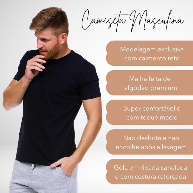 Kit 3 Camisetas Masculina Algodão - Básica Lisa
