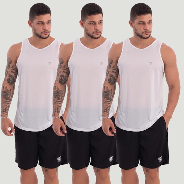 Kit 3 Camisetas Regatas Brancas Masculina Lisa Básica Verão