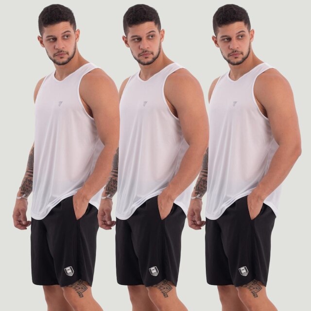 Kit 3 Camisetas Regatas Brancas Masculina Lisa Básica Verão