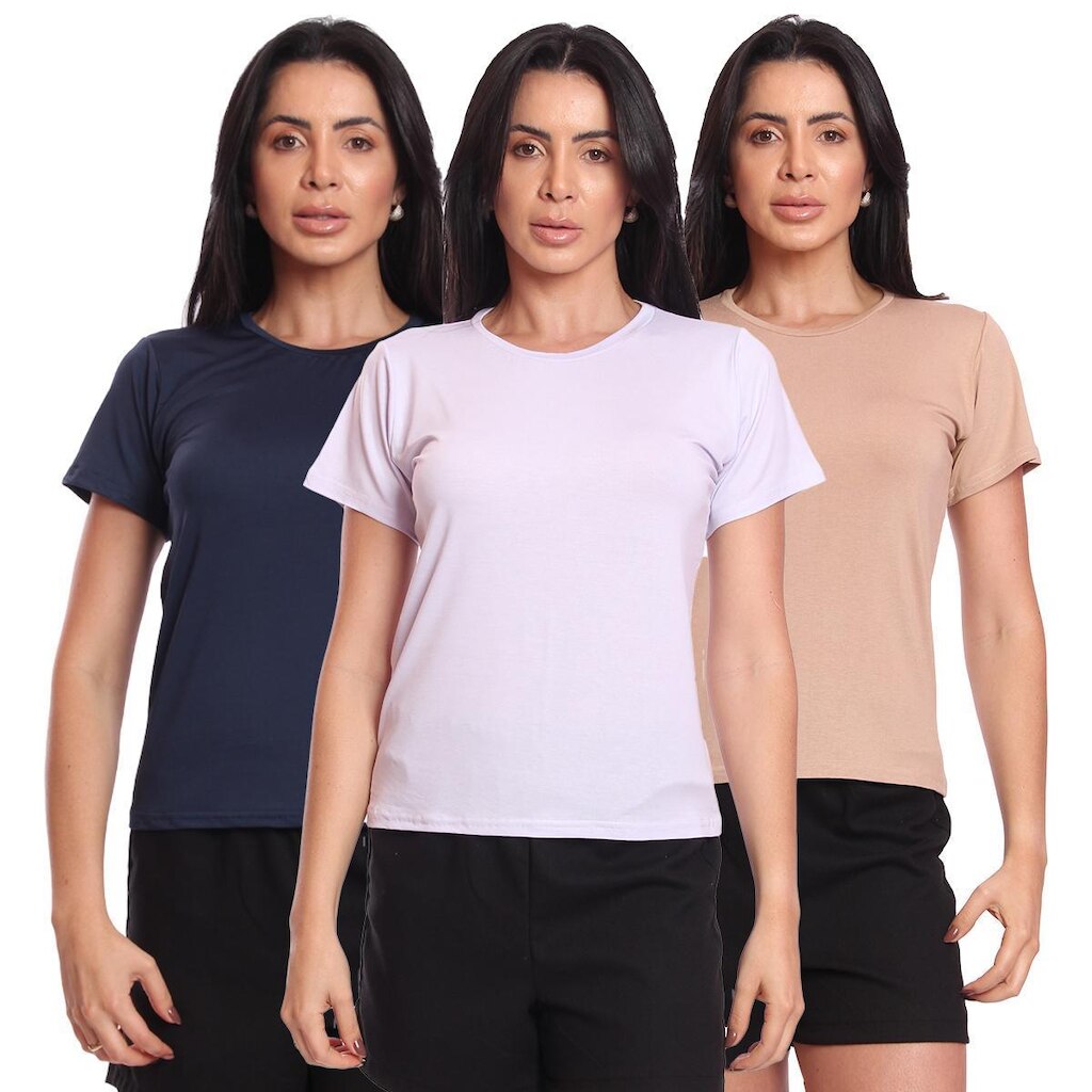 Kit 3 Camisetas T-Shirt Feminina Básica Manga Curta Suplex Casual Confortável