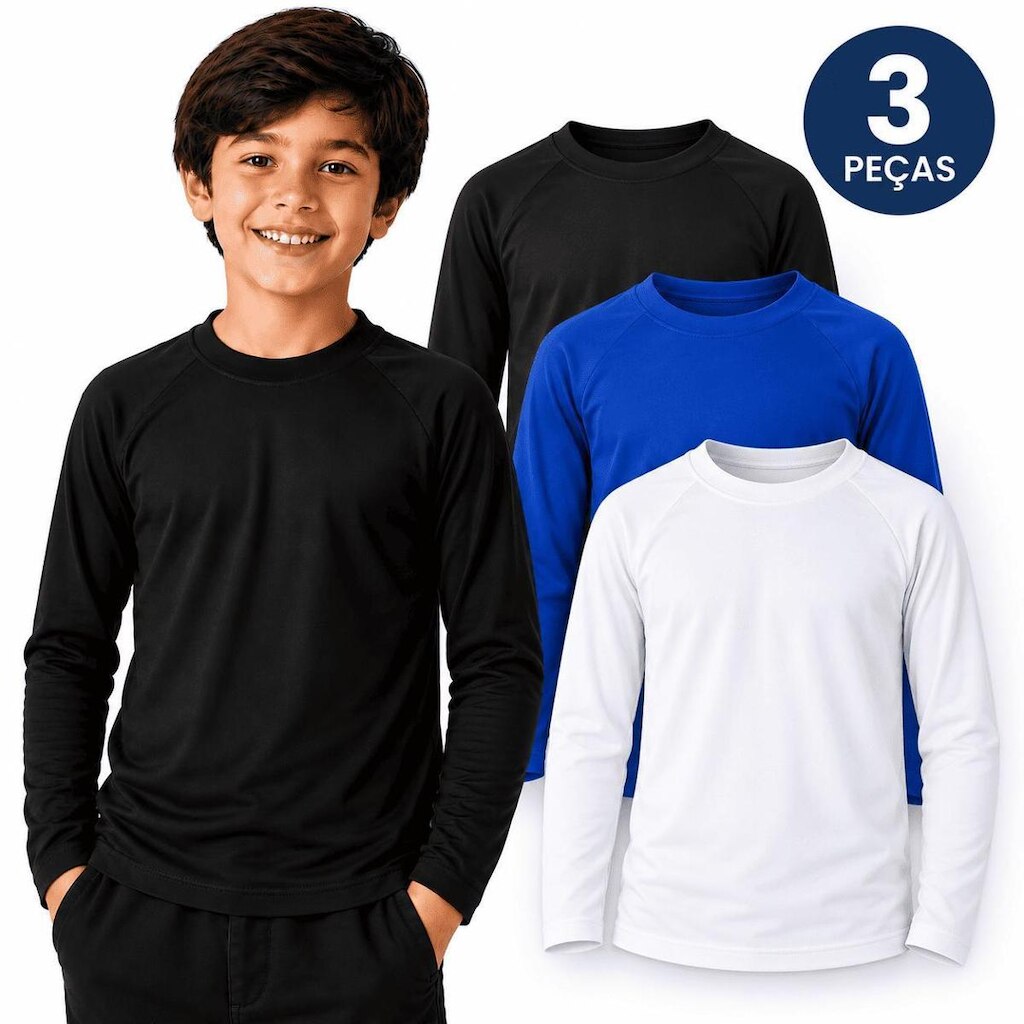 Kit 3 Camisetas Uv Infantil Manga Longa Masculina Lisa Sem Estampa Praia