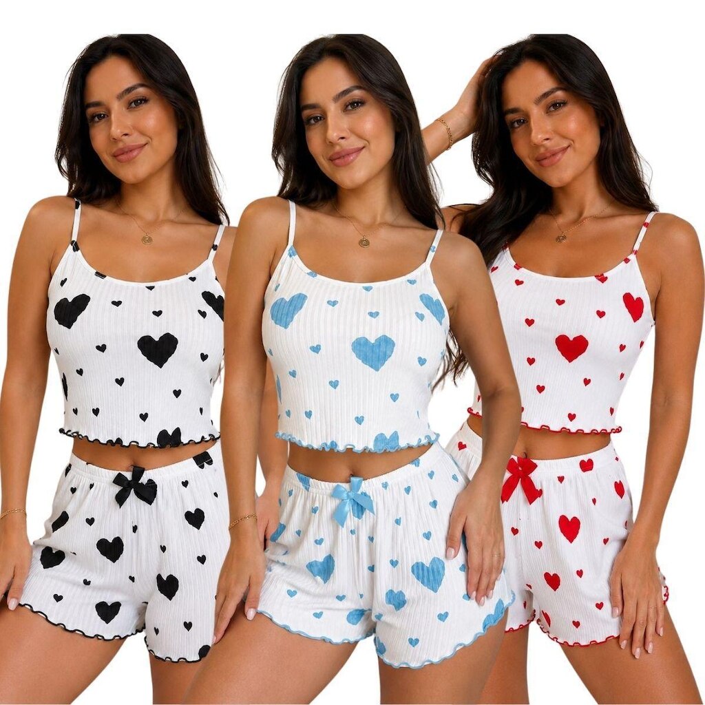 Kit 3 Conjuntos Pijama Baby Doll Feminino Blusa e Short Curto Estampas Sortidas Verão Confortável