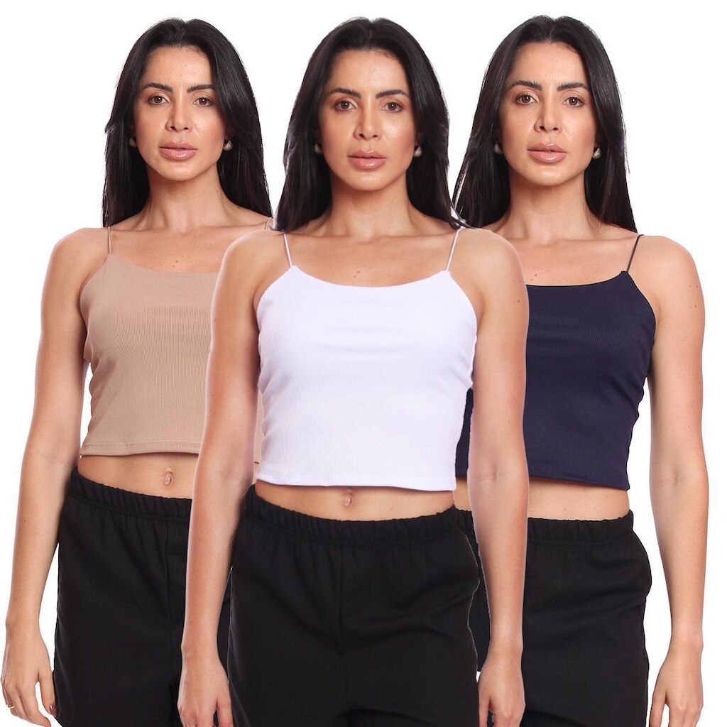 Kit 3 Cropped Alcinha Feminino Canelado Ribana Sem Bojo Básico Casual