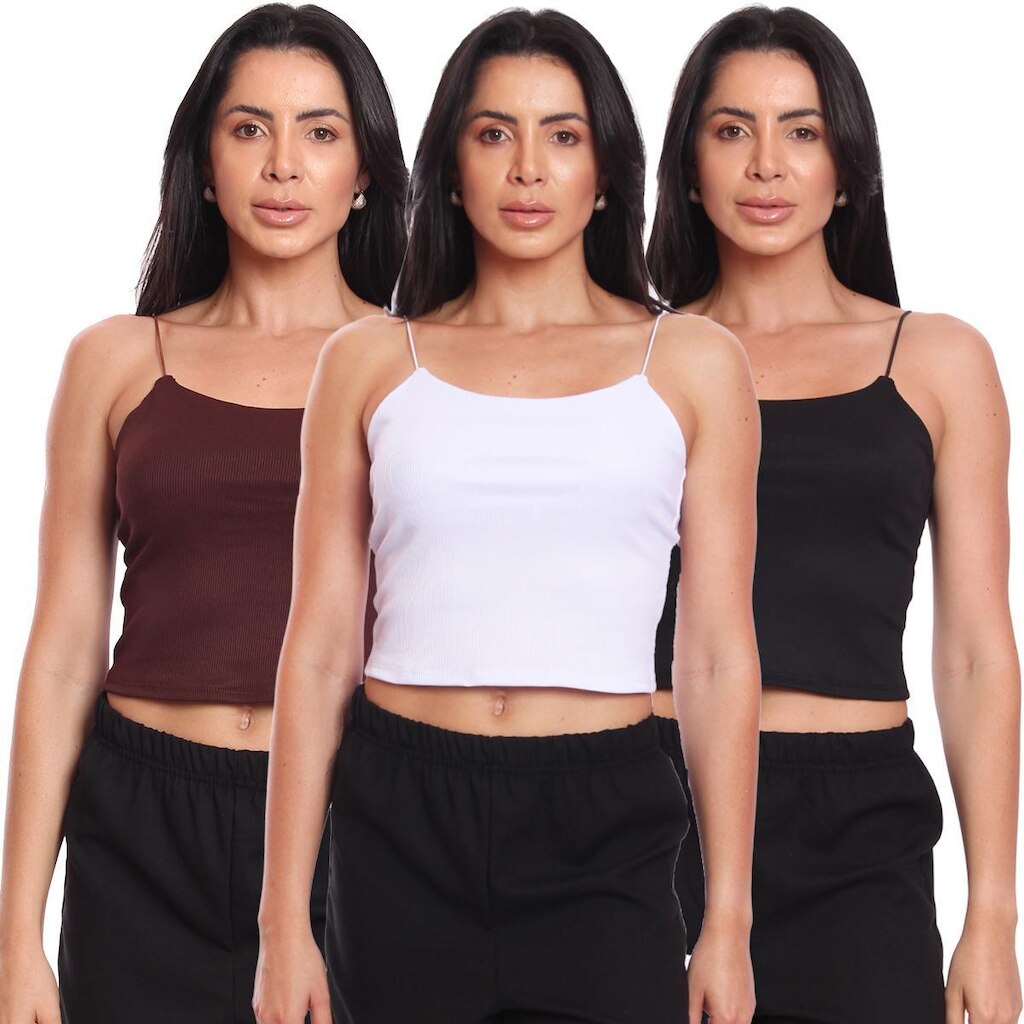 Kit 3 Cropped Alcinha Feminino Canelado Ribana Sem Bojo Básico Casual