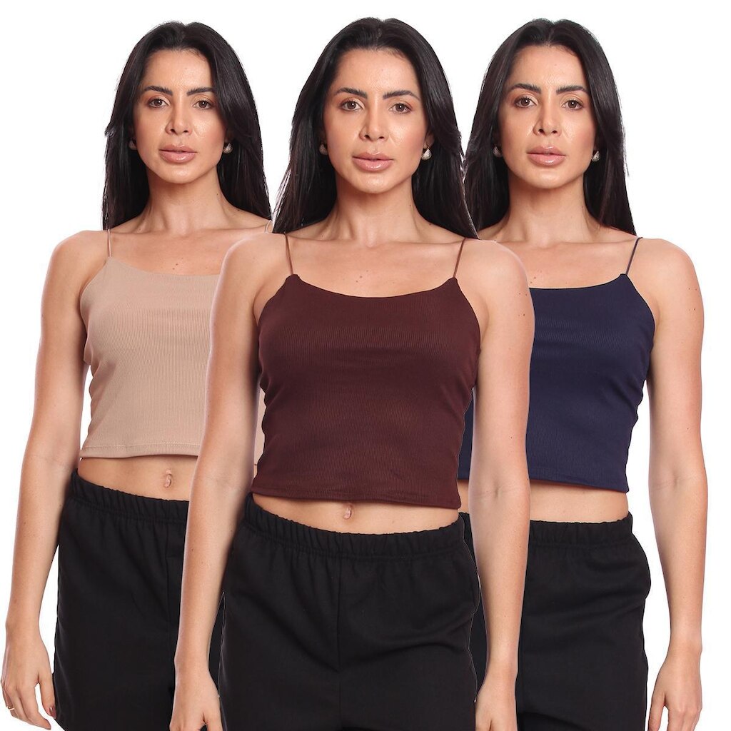 Kit 3 Cropped Alcinha Feminino Canelado Ribana Sem Bojo Básico Casual