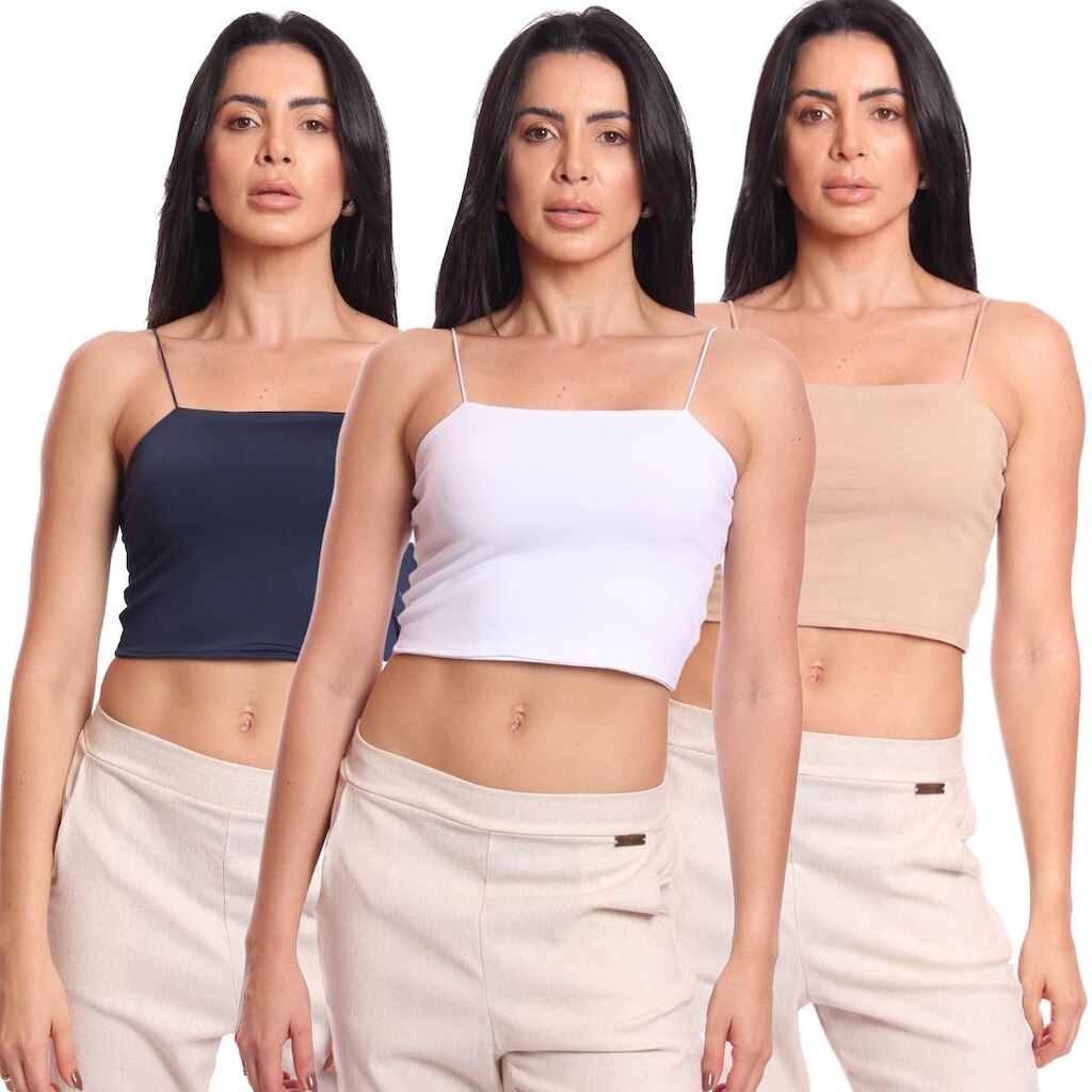 Kit 3 Cropped Top Feminino Alcinha com Elástico Suplex Liso Básico Casual