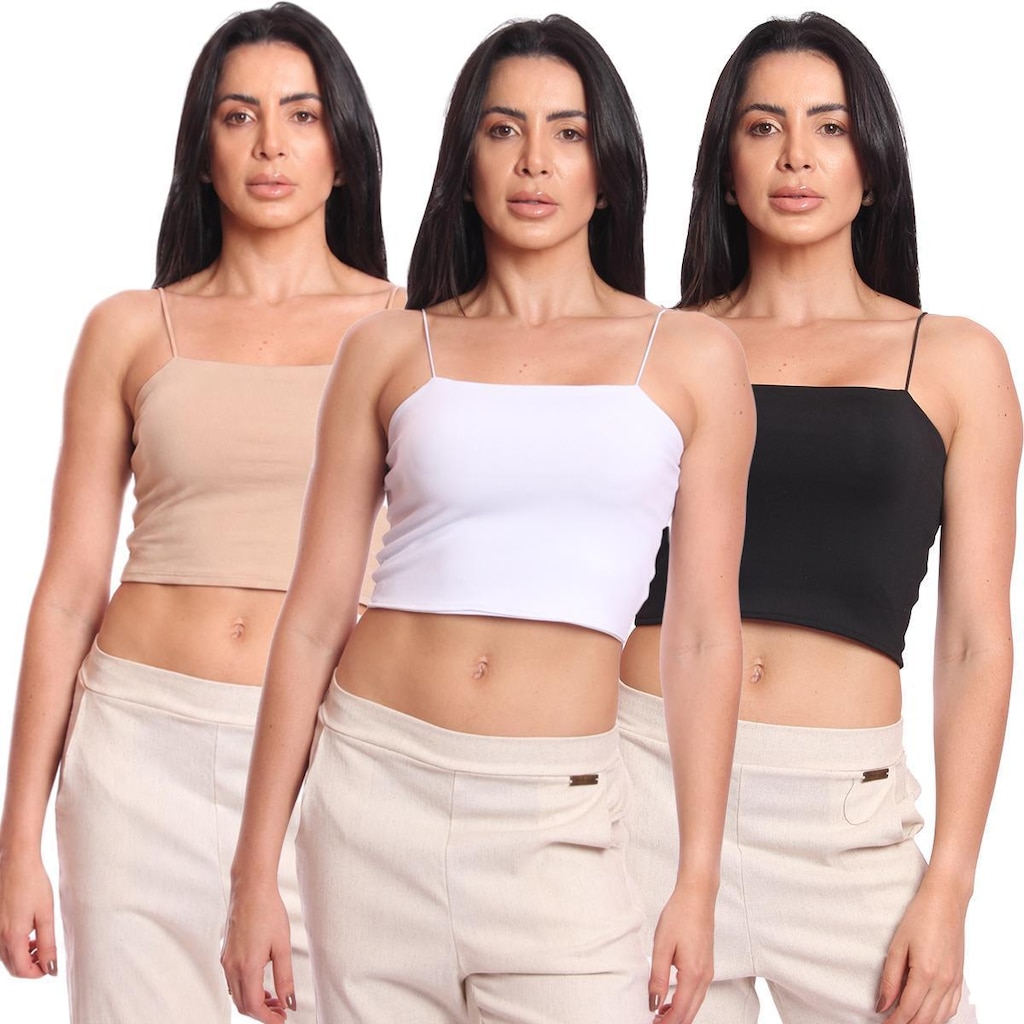 Kit 3 Cropped Top Feminino Alcinha com Elástico Suplex Liso Básico Casual