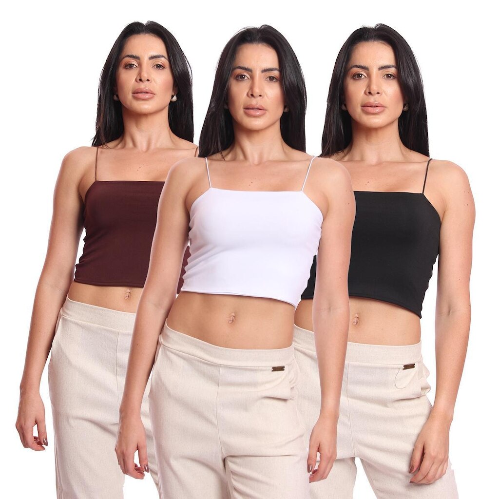 Kit 3 Cropped Top Feminino Alcinha com Elástico Suplex Liso Básico Casual
