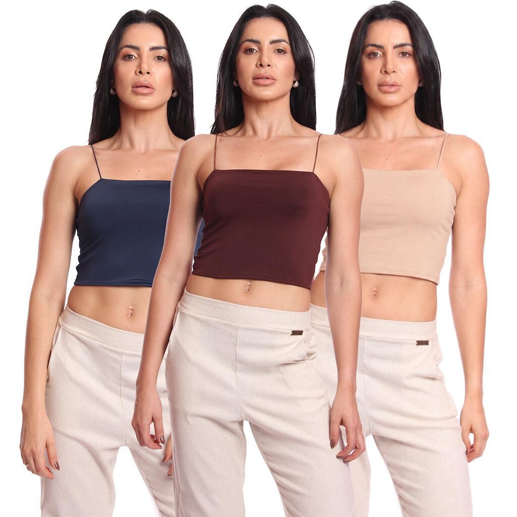 Kit 3 Cropped Top Feminino Alcinha com Elástico Suplex Liso Básico Casual