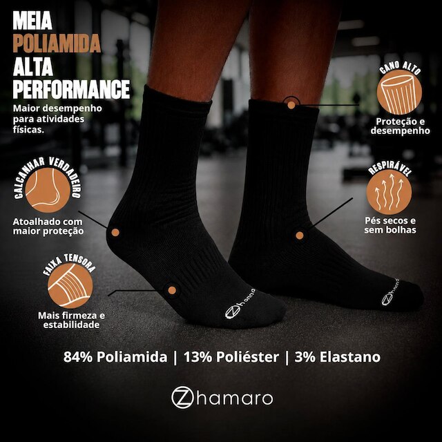 Kit 3 Meias Cano Alto Zhamaro Poliamida Performance Esportiva