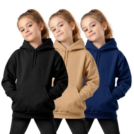 Kit 3 Moletom Infantil Feminino com Capuz Bolso Canguru Flanelado Blusa Frio