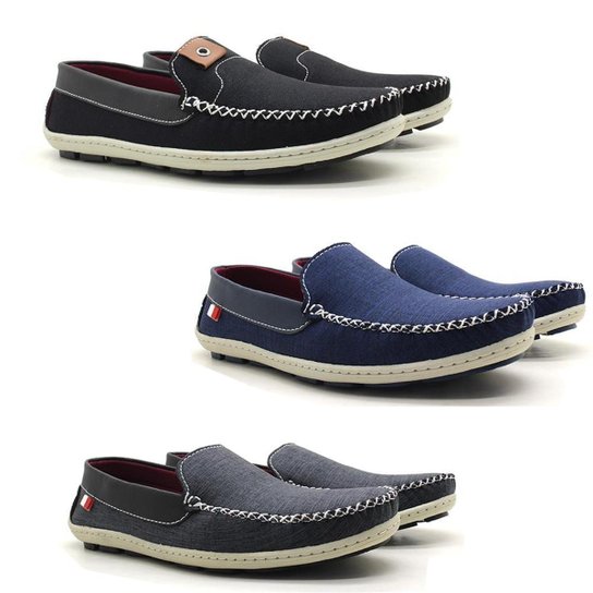 Kit 3 Pares de Mocassim Social Clássico Masculino Liso Preto - Cinza