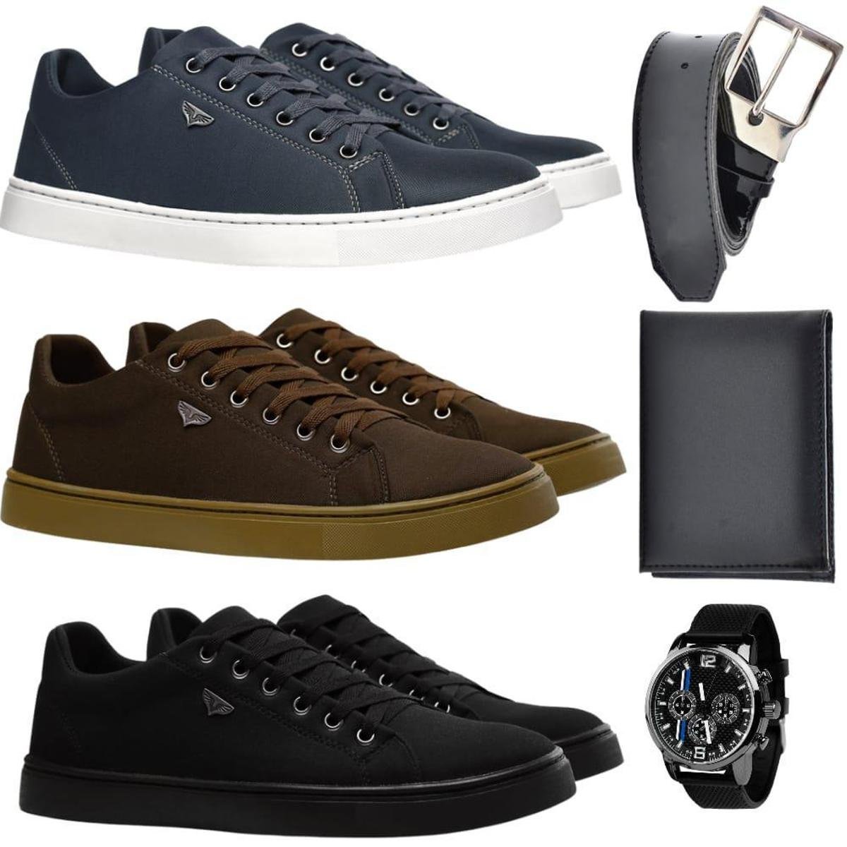Kit 3 Pares de Sapatênis Casual + Relógio + Cinto + Carteira Menor preço em Kit 3 Pares de Sapatênis Casual + Relógio + Cinto + Carteira