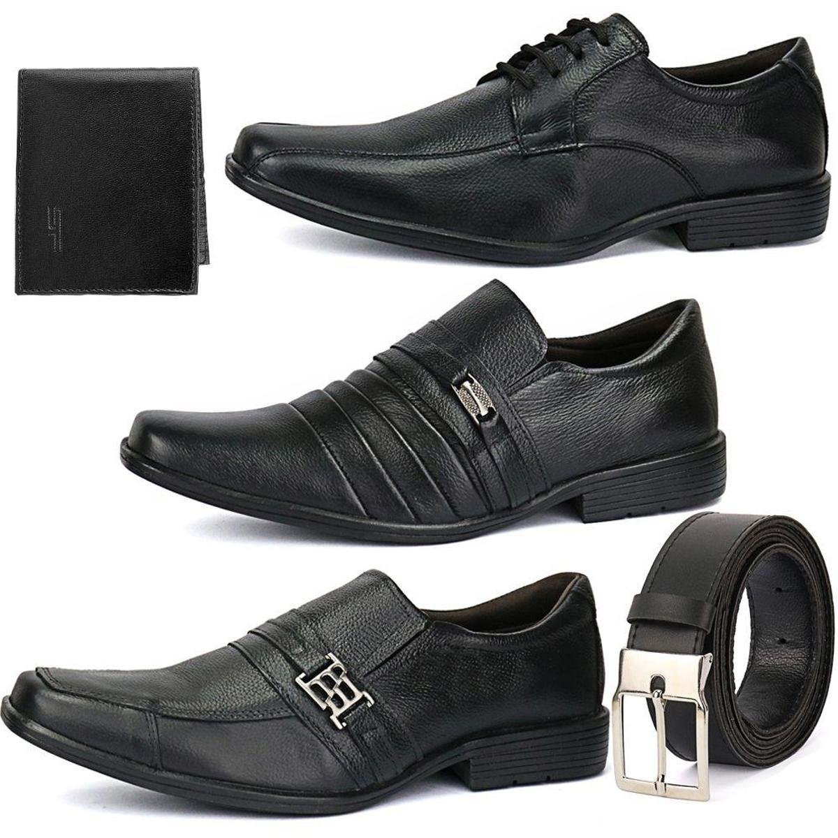 Kit 3 Pares de Sapatos Sociais em Couro SapatoFran com Cinto e Carteira Masculino - Preto Menor preço em Kit 3 Pares de Sapatos Sociais em Couro SapatoFran com Cinto e Carteira Masculino - Preto