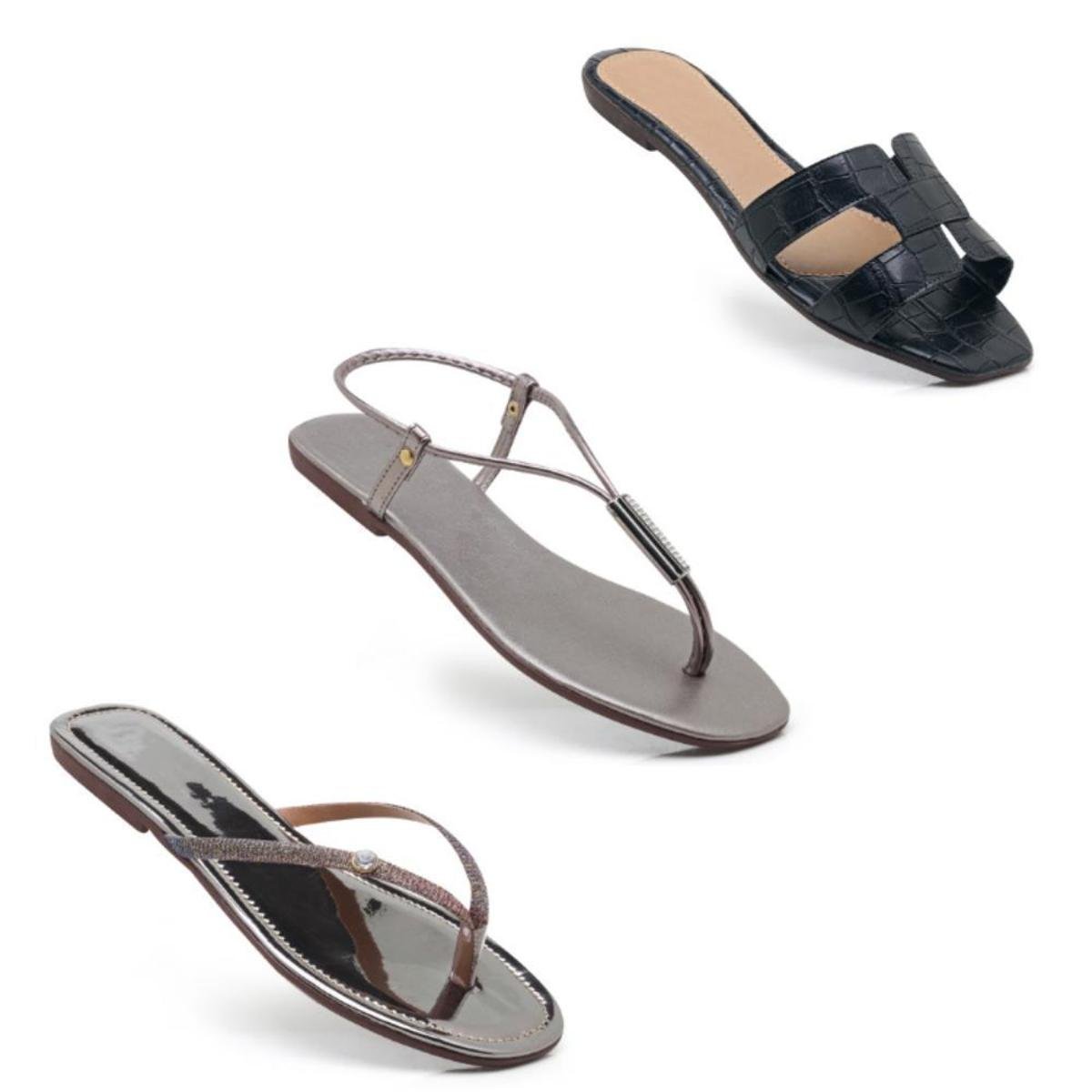 Kit 3 Pares Sandálias Rasteiras Feminina Costura Croco Liso - Prata Menor preço em Kit 3 Pares Sandálias Rasteiras Feminina Costura Croco Liso - Prata