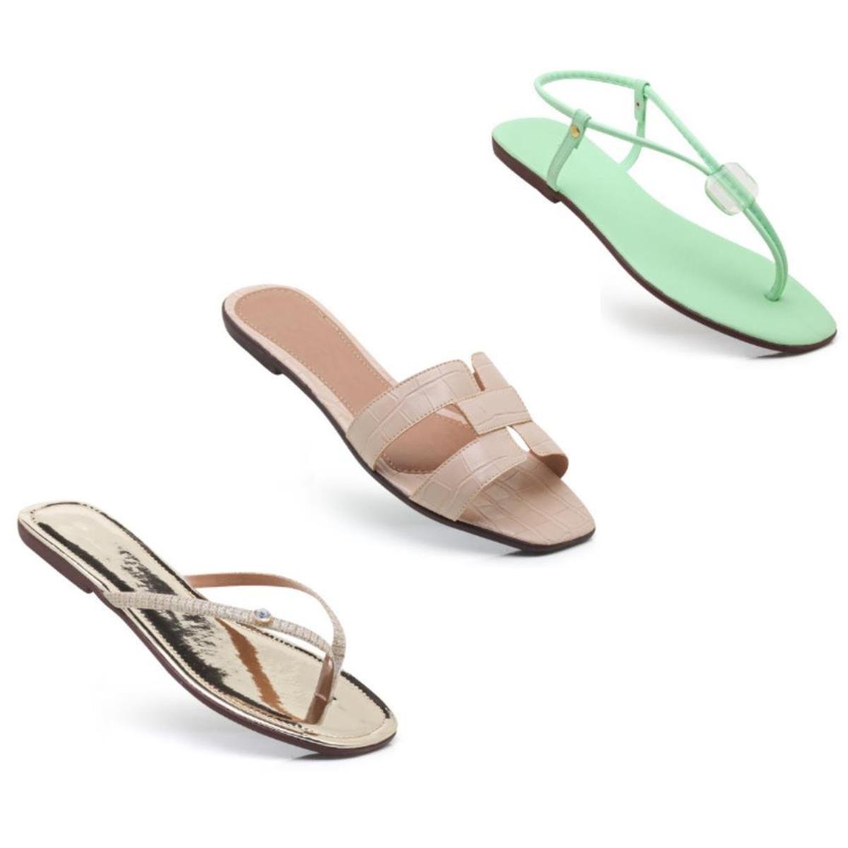 Kit 3 Pares Sandálias Rasteiras Feminina Costura Croco Liso - Dourado Menor preço em Kit 3 Pares Sandálias Rasteiras Feminina Costura Croco Liso - Dourado