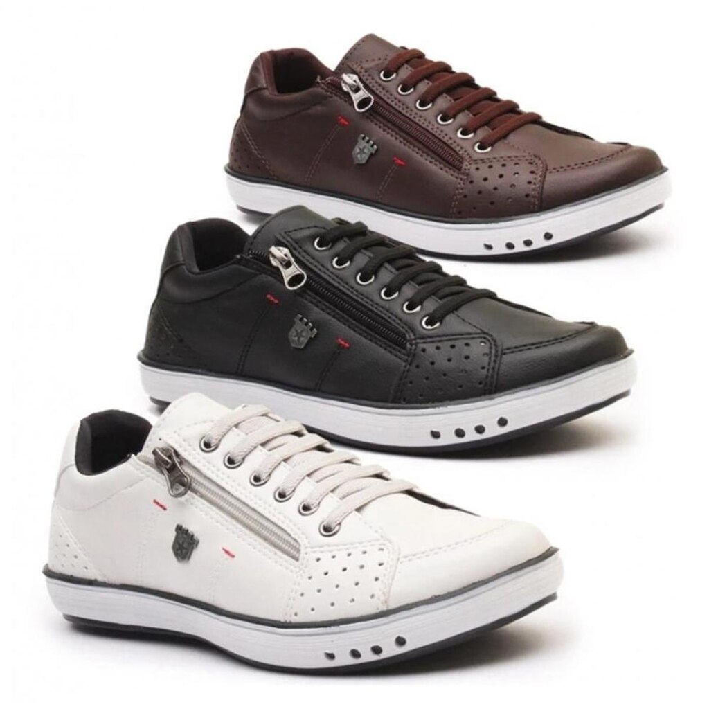 Kit 3 Pares Sapatênis Casual Masculino com Ziper Lateral e Cadarço