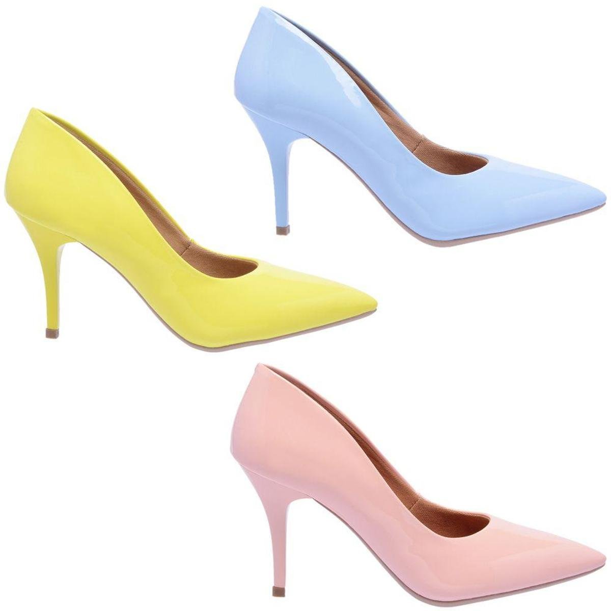 Kit 3 Pares Scarpin Bico Fino Salto Médio Ellas Online Feminino - Rosa+Azul Menor preço em Kit 3 Pares Scarpin Bico Fino Salto Médio Ellas Online Feminino - Rosa+Azul