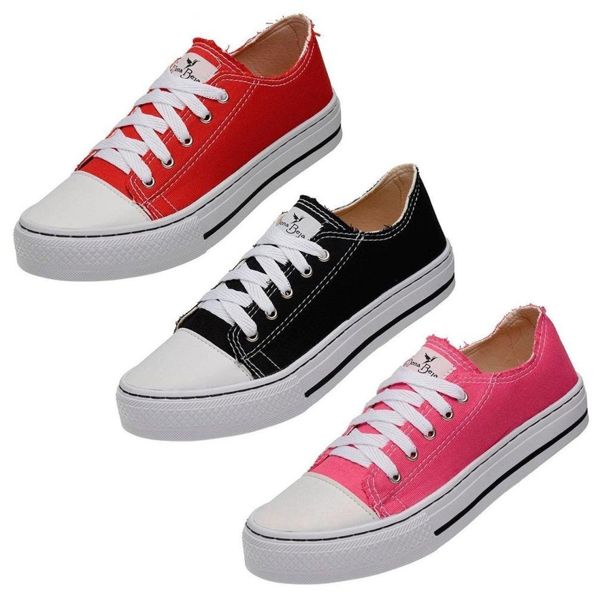 Kit 3 Pares Tenis Casual Basico Feminino Sola Reta Fechamento Cadarço -  Vermelho | Zattini