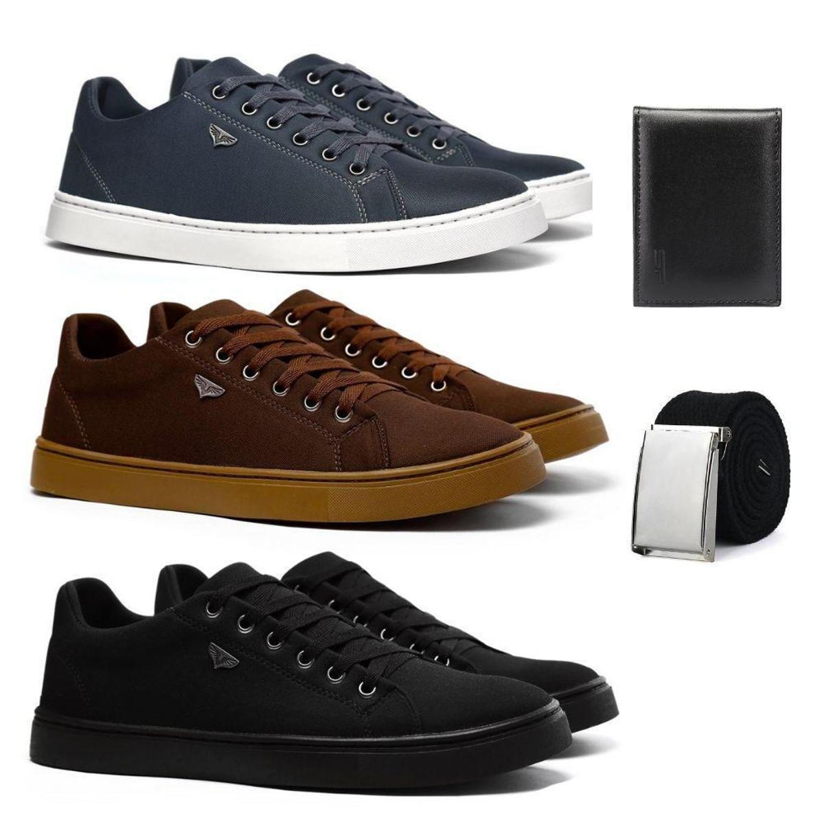 Kit 3 Pares Tênis Casual Masculino Lona + Carteira + Cinto Menor preço em Kit 3 Pares Tênis Casual Masculino Lona + Carteira + Cinto