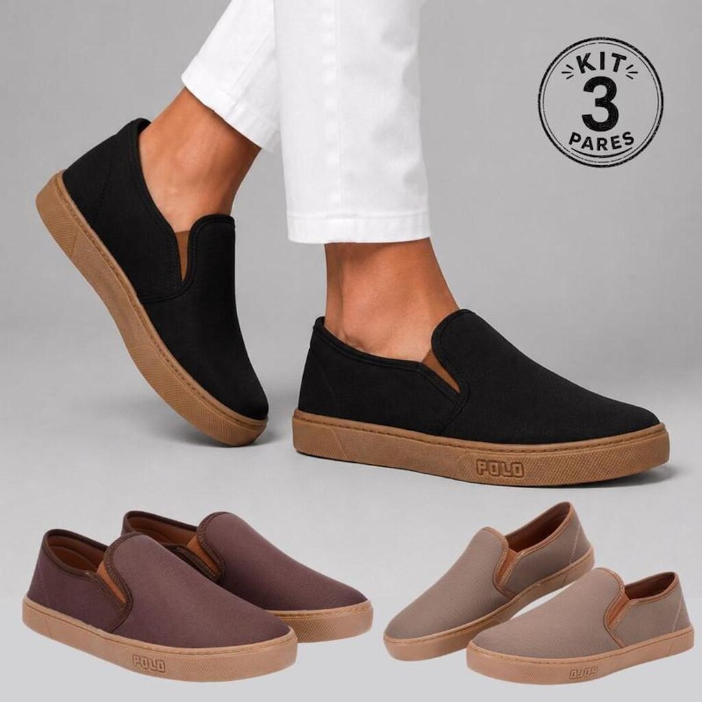 Kit 3 Pares Tênis Sapatênis Polo Original Em Lona Slip On Sola Costurada 2220
