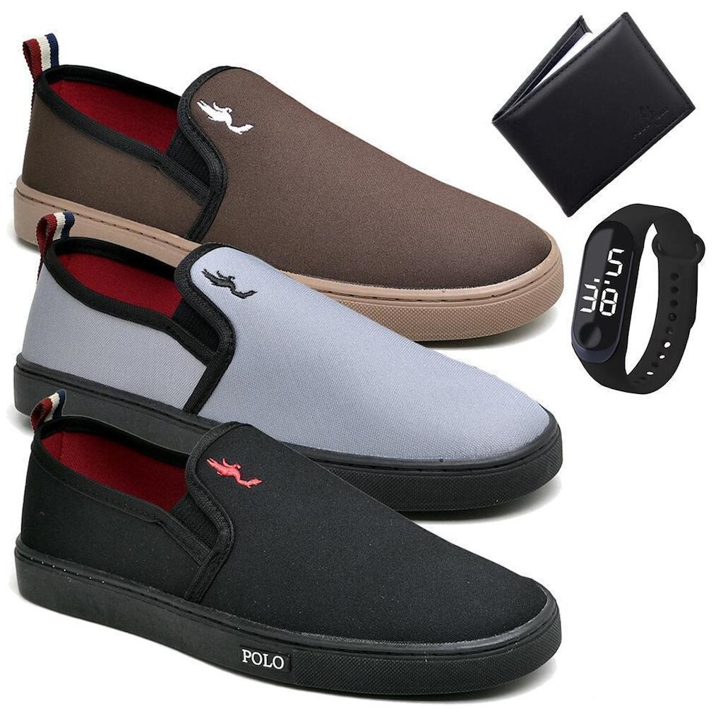 Kit 3 Pares Tênis Slip On Masculino Lona + Carteira + Relógio
