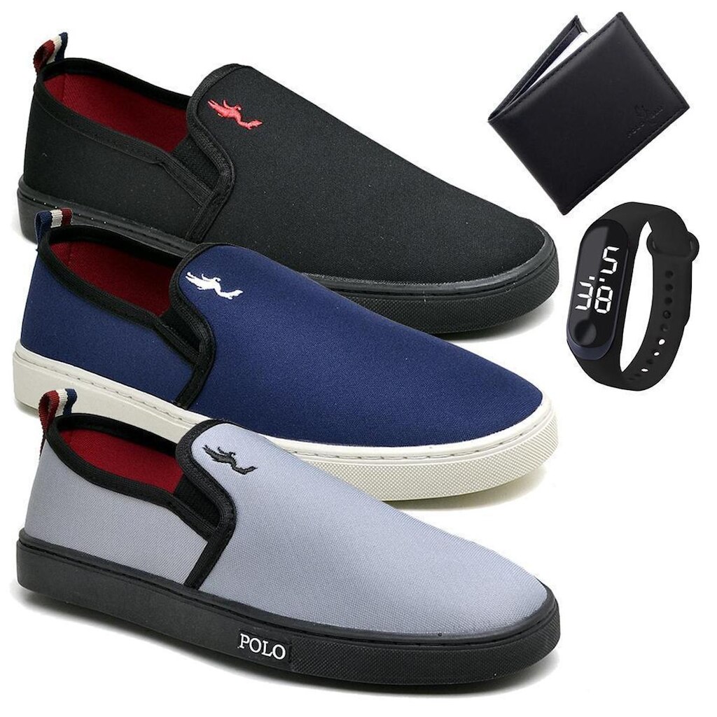 Kit 3 Pares Tênis Slip On Masculino Lona + Carteira + Relógio