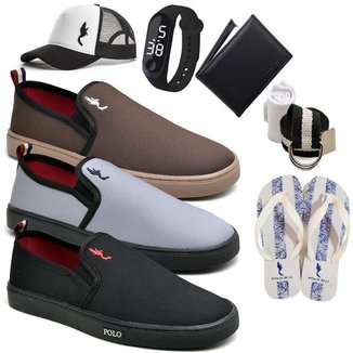 Kit 3 Pares Tênis Slip On Masculino + Relógio + Boné + Chinelo + Carteira + Cinto + Meia