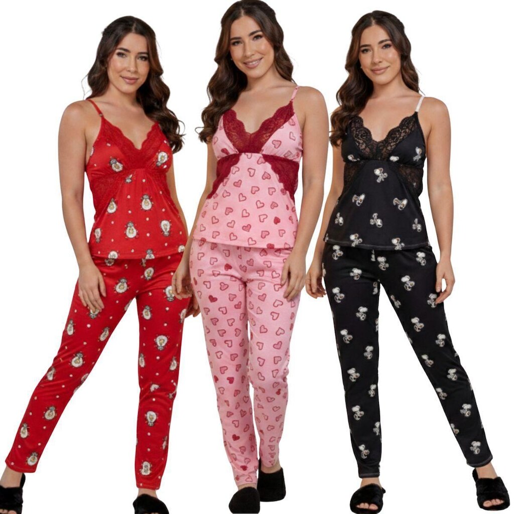 KIT 3 Pijama Feminino Longo Suede Feminino Serra e Mar Manga Curta Alça Inverno Meia Estação Noite