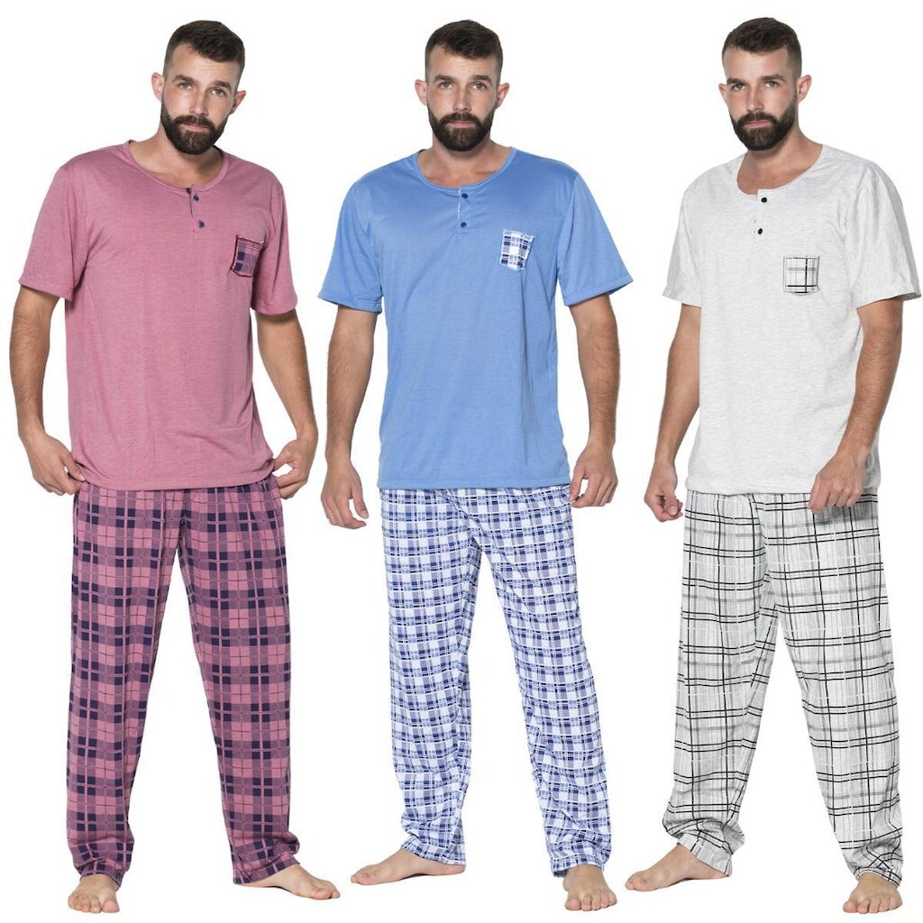 Kit 3 Pijamas Malha Masculino Camisa Com Bolso Lisa Calça Estampada