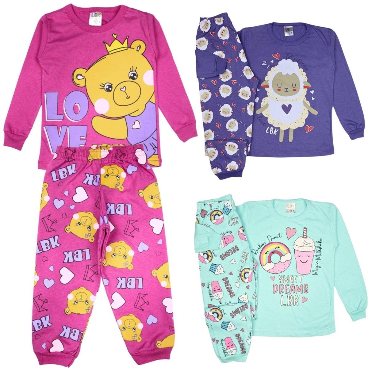 Kit 3 Pijamas Meia Estação Estampado Menina Infantil Sortido Menor preço em Kit 3 Pijamas Meia Estação Estampado Menina Infantil Sortido